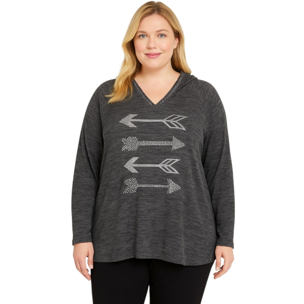 SJS Charcoal Gray V-Neck Rhinestone Arrow Hoodie Women’s 3X Soft Knit Pullover